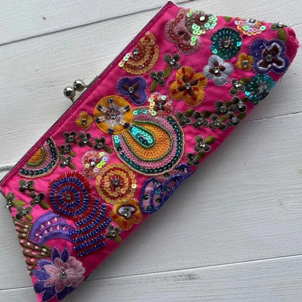Hot Pink Embroidered Sequin Beaded Floral Clutch Evening Bag